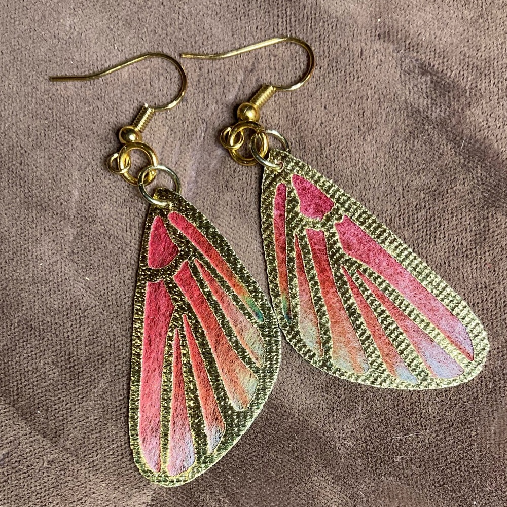 Handmade Butterfly Wings Dangle Earrings Fabric Gold Metallic Gold-Plate Hooks